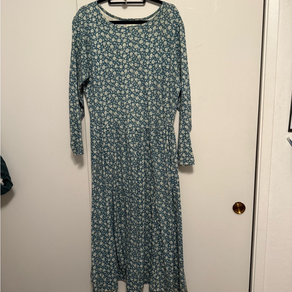 Vintage LL Bean Blue Floral Midi Dress with Pockets | Size XL